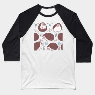 Hedgehogs Among the Flowers Pattern in Blue and White Baseball T-Shirt